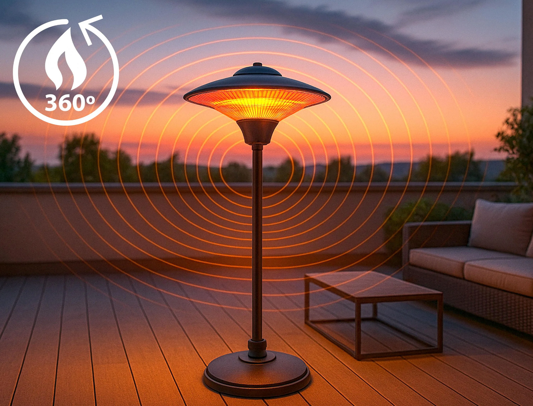 Stand-Heizstrahler 1500W – Outdoor/Indoor, 360° Infrarotwärme, IPX4
