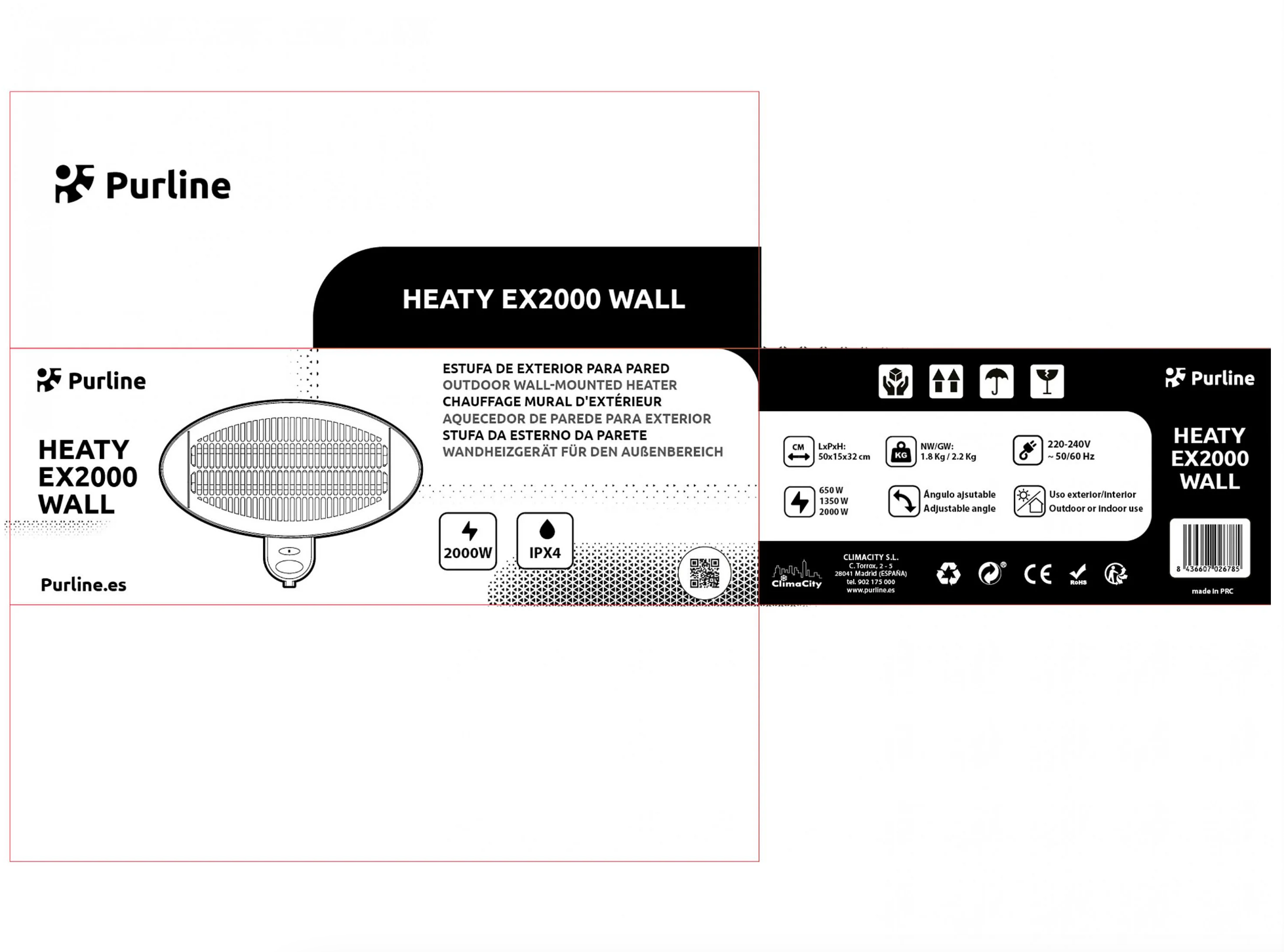 Wand-Heizstrahler 2000W – Elektrischer Infrarotstrahler, IPX4